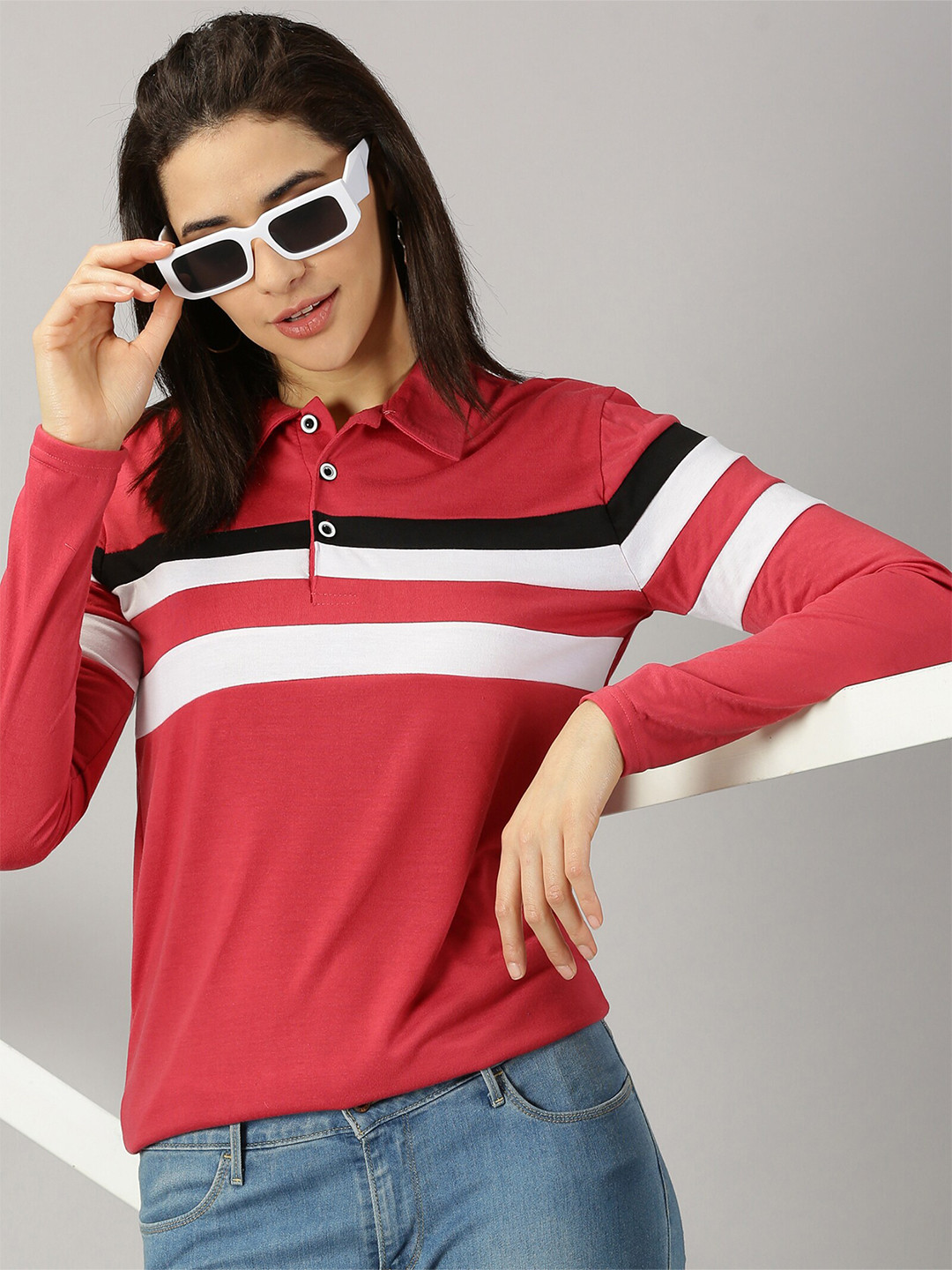 AUSK Striped Polo Collar Full Sleeves T-shirt