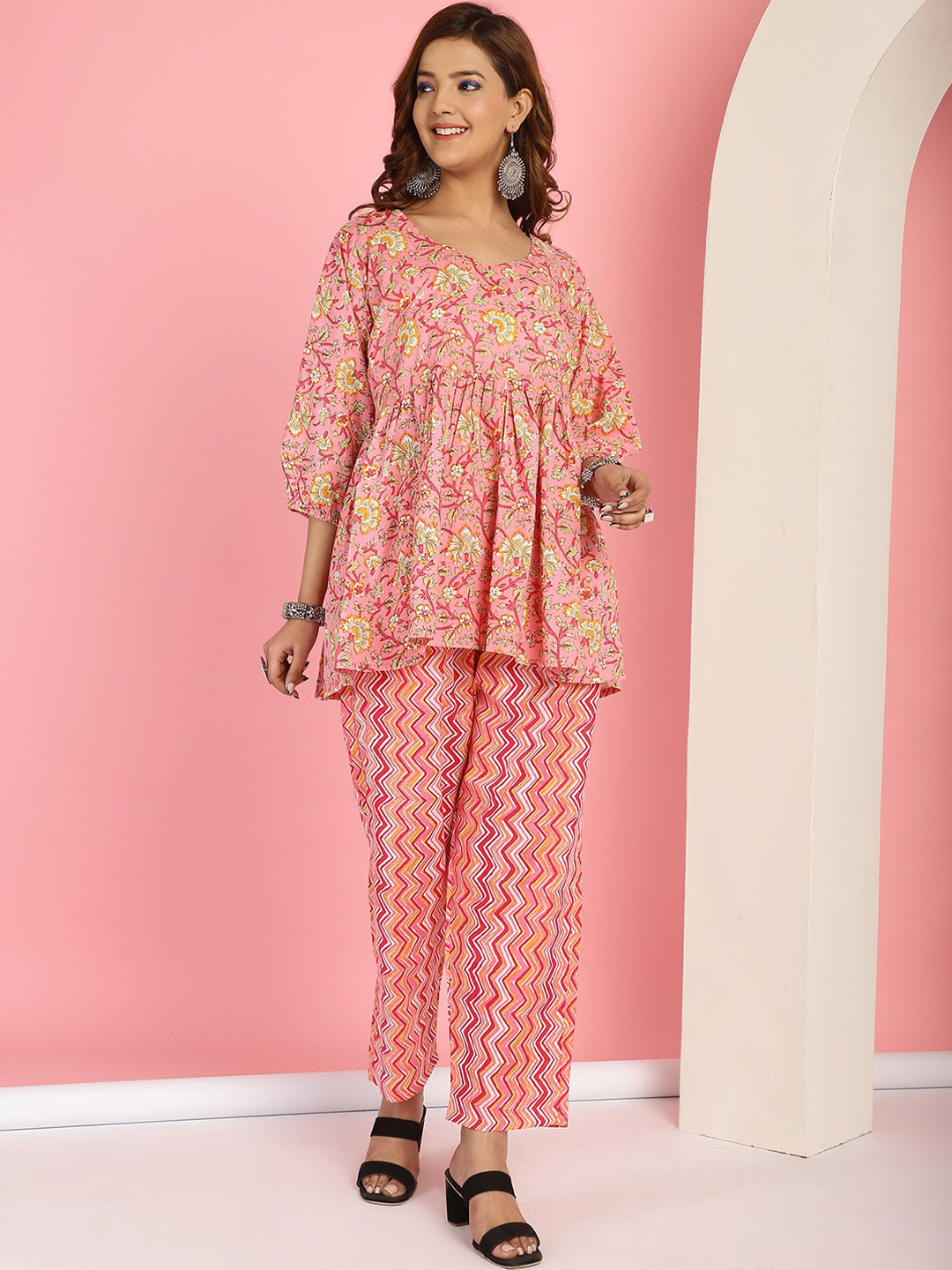 TAG 7 Ethnic Motifs Printed Pure Cotton Pleated A-Line Kurti With Trouser