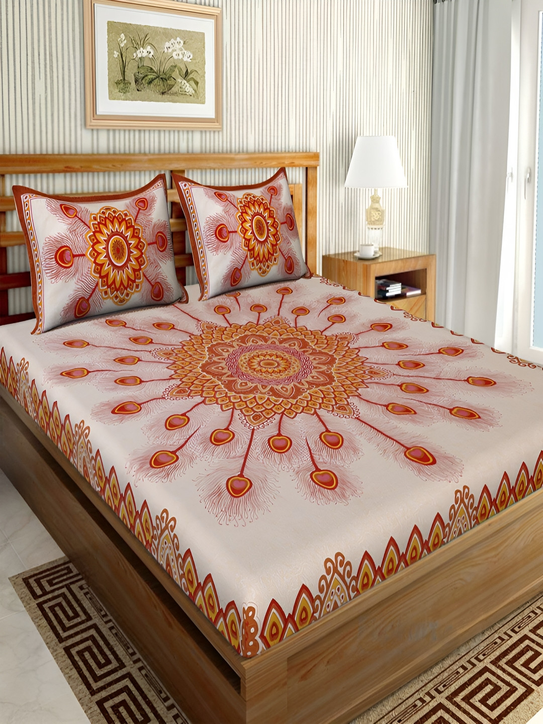 UNIQCHOICE Jaipuri Traditonal Brown Floral Cotton 120 TC Queen Fine Bedsheet with 2 Pillow Covers-93 x 85 inches