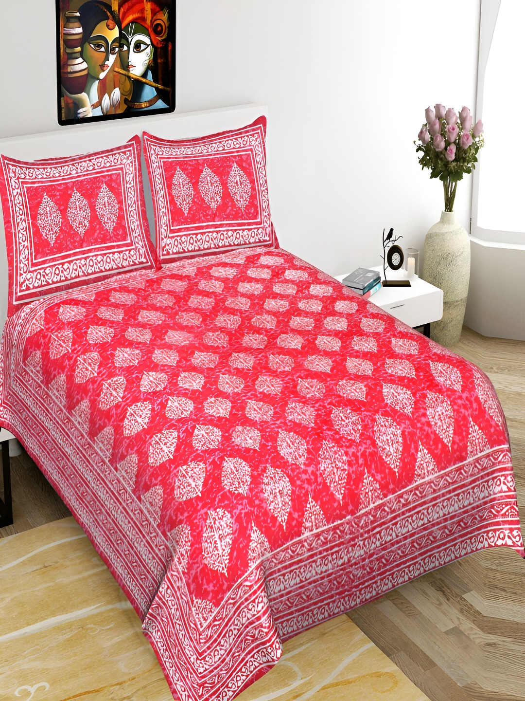 UNIQCHOICE Jaipuri Traditional Pink Ethnic Motifs Pure Cotton 120 TC Queen Fine Bedsheet with 2 Pillow Covers-93 x 85 inches