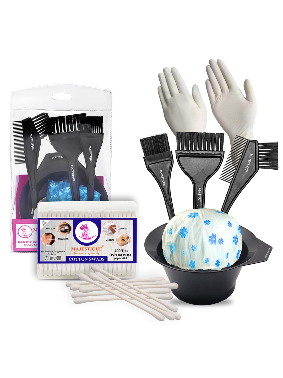 MAJESTIQUE 6-Piece Hair Dye Brush Coloring Kit with 200Pcs Paper Cotton Swabs