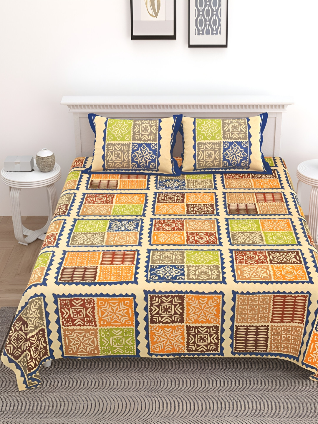 JAIPUR PRIME Jaipuri Mustard Geometric Pure Cotton 210 TC King Bedsheet with 2 Pillow Covers-108 x 100 inches