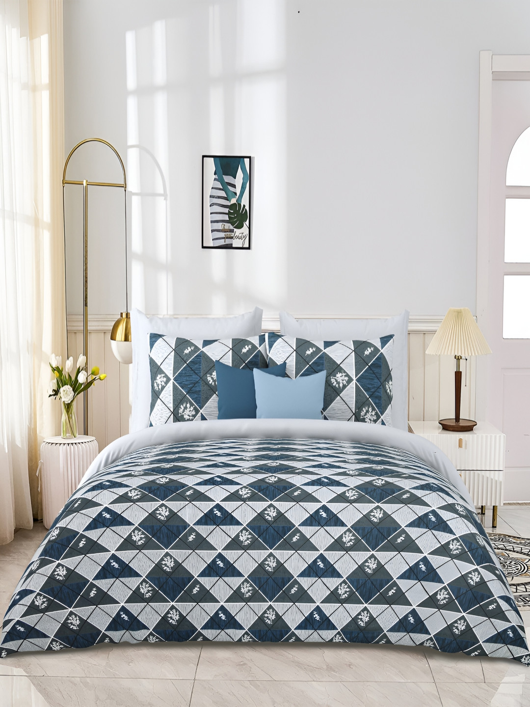 JAIPUR PRIME Amulya Blue Geometric Cotton 300 TC King Superfine Bedsheet with 2 Pillow Covers-108 x 100 inches