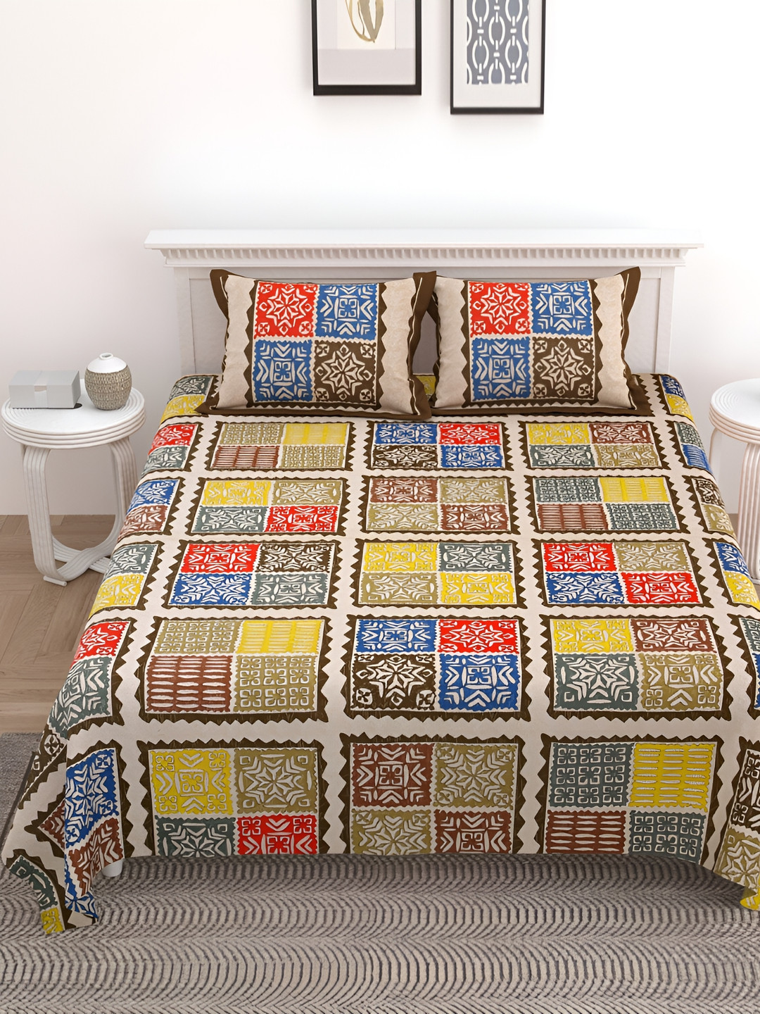 JAIPUR PRIME Jaipuri Beige Geometric Cotton 210 TC King Bedsheet with 2 Pillow Covers-108 x 100 inches