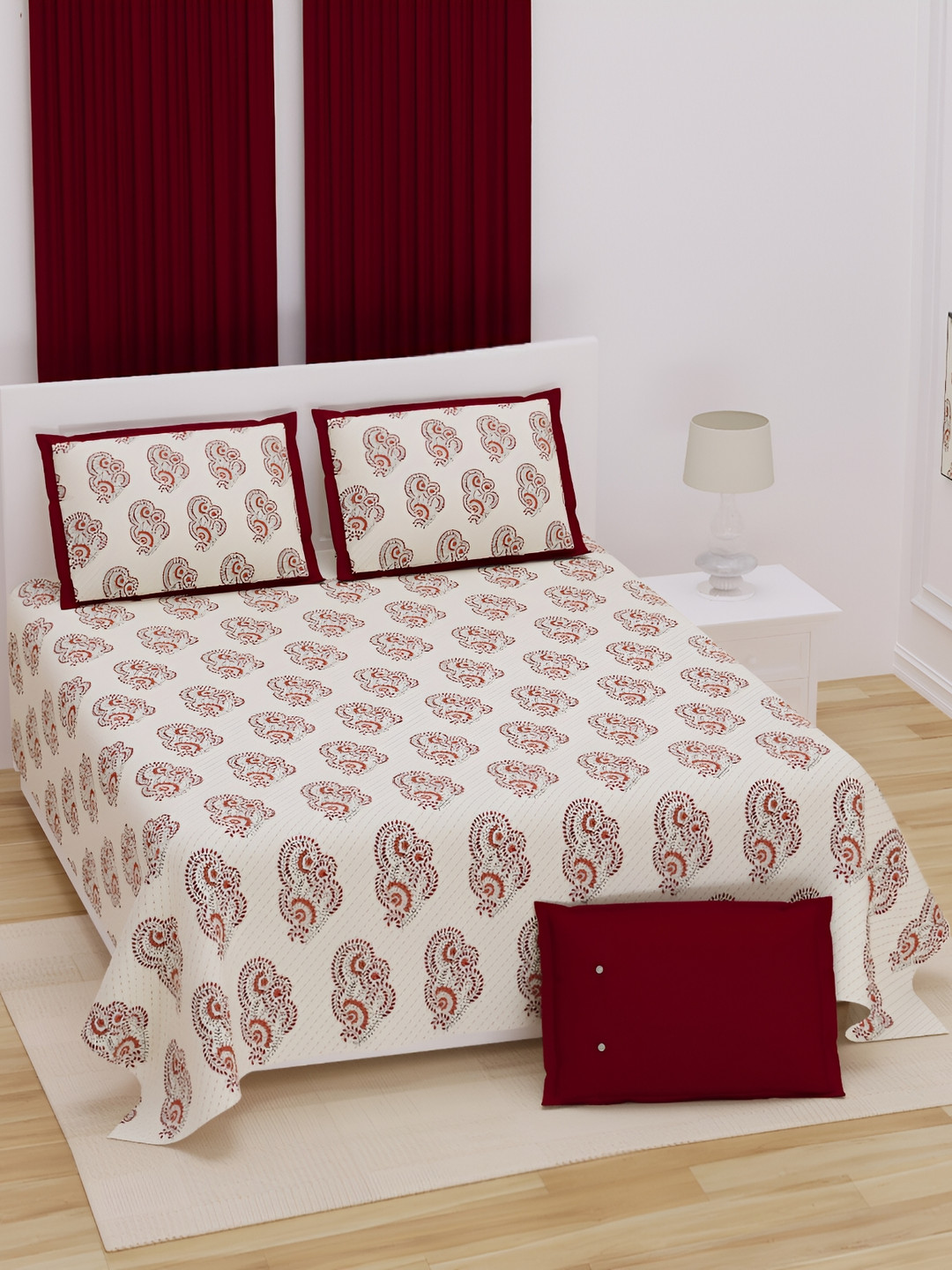 JAIPUR PRIME Maroon Ethnic Motifs Pure Cotton Skin-Friendly 210 TC King Bedsheet with 2 Pillow Covers-108 x 100 cm