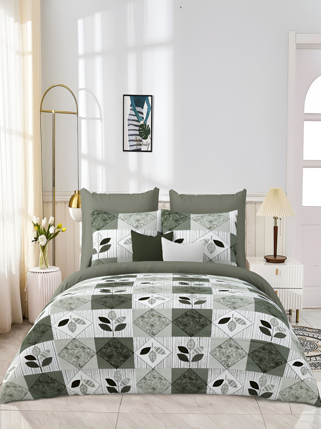 JAIPUR PRIME Grey Geometric 300 TC King Bedsheet with 2 Pillow Covers