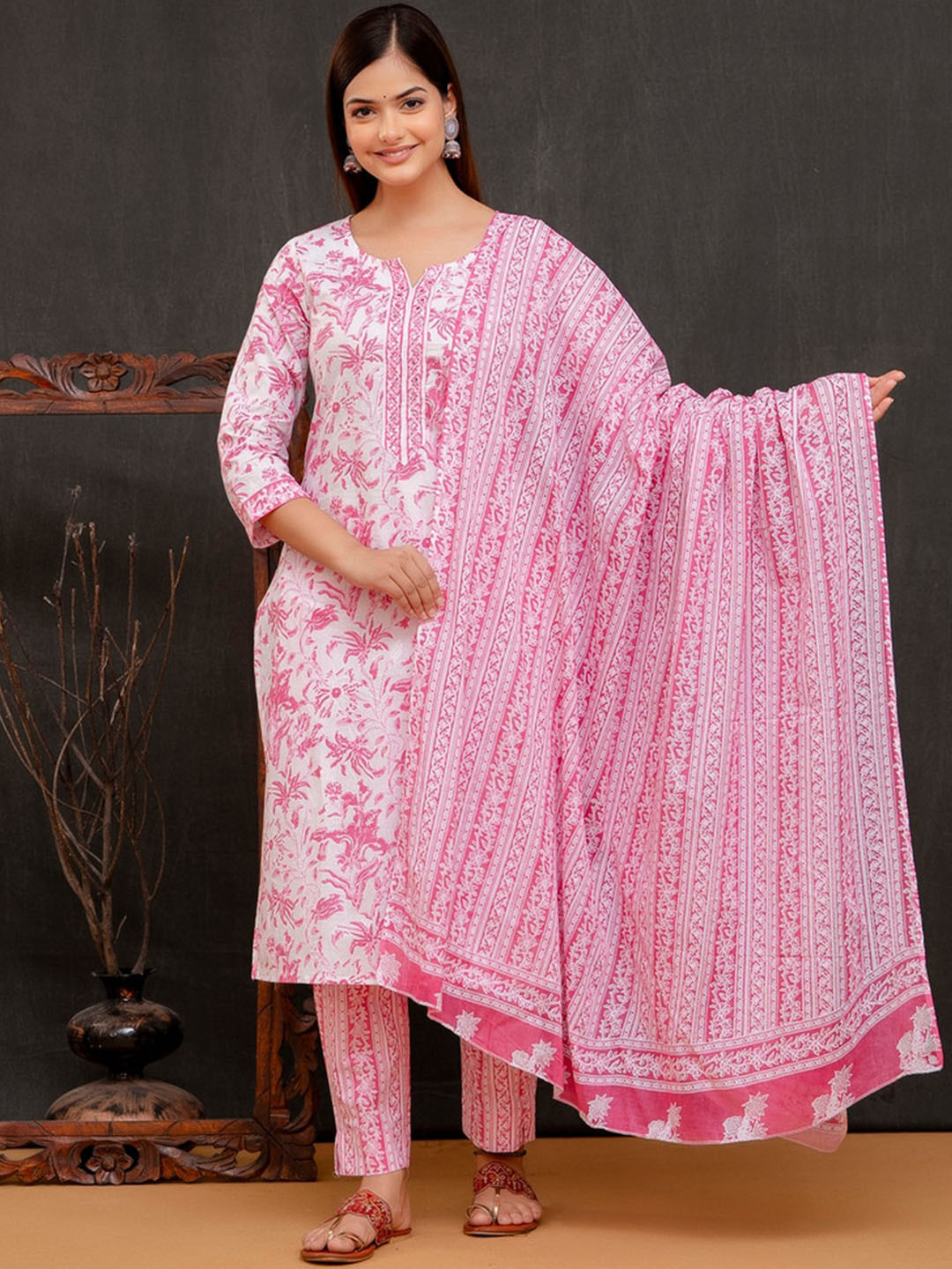 D K W Floral Printed Mirror Work Pure Cotton Straight Kurta & Trouser With Dupatta