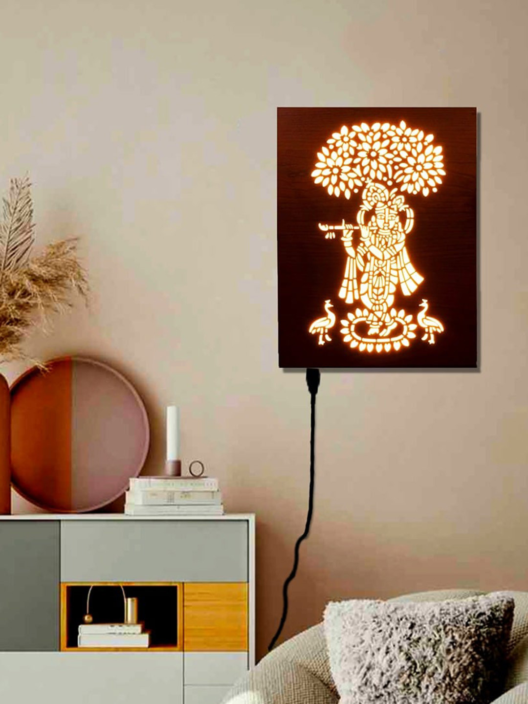 Home Delight Brown & White A4 Backlit Lord Krishna Craving Table Lamp