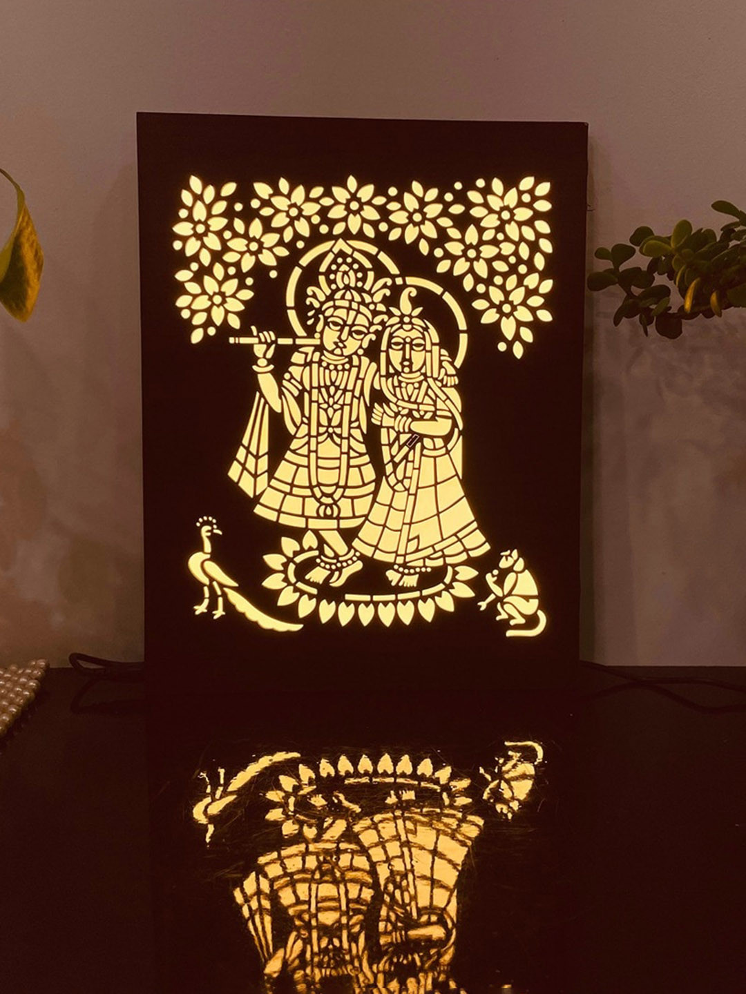 Home Delight Brown & White A4 Backlit Radha Krishna Craving Table Lamp
