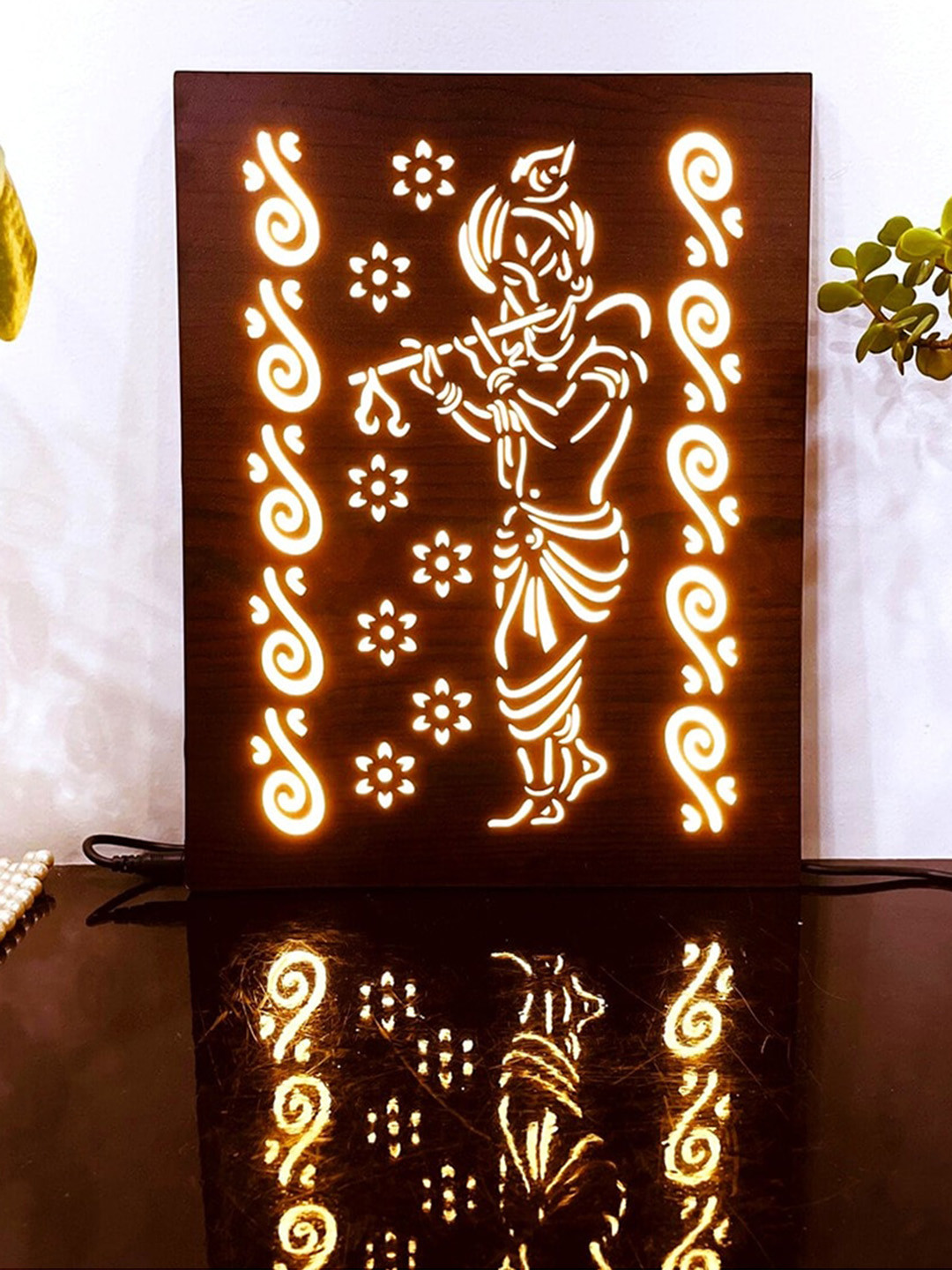 Home Delight Brown & White A4 Backlit Krishna Bansuri Craving Table Lamp