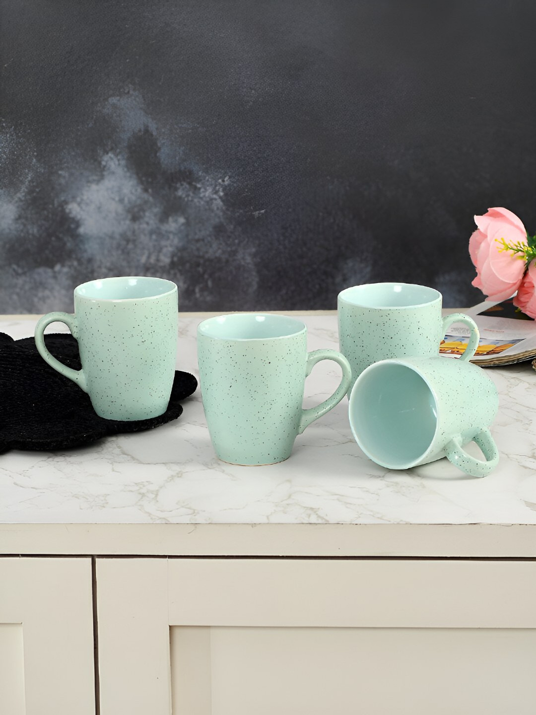 CLIO'S HERITAGE STORE Himanshu Name Personalised Green Striped Ceramic Handmade 4 Piece Mugs-300ml