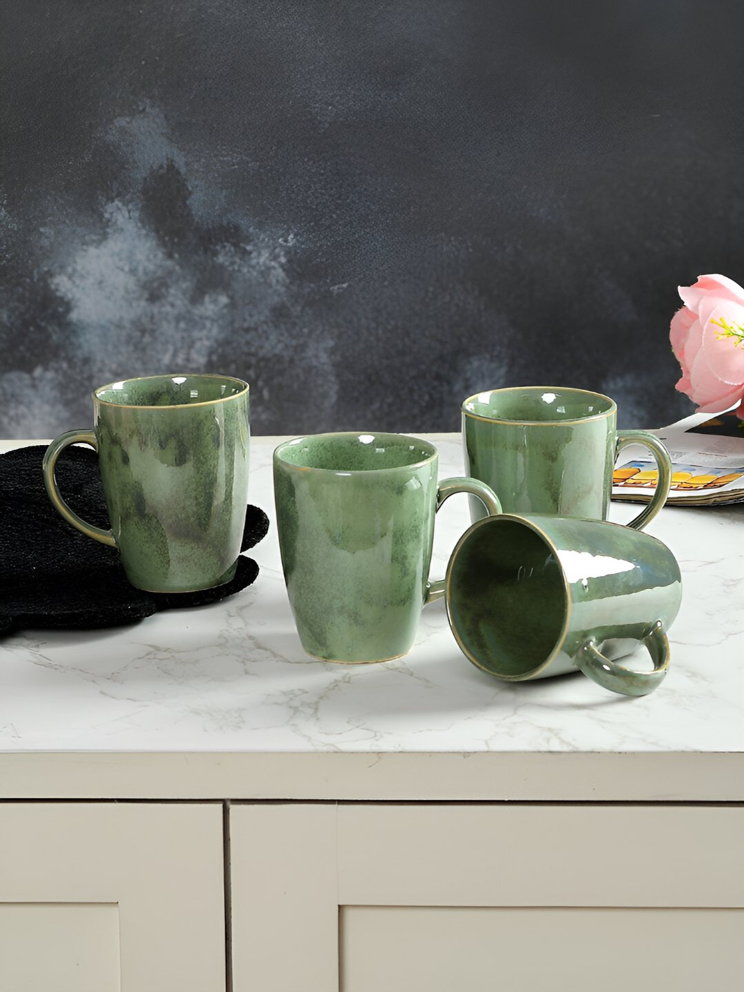 CLIO'S HERITAGE STORE Green Ceramic Microwave Safe 4 Piece Mugs-300ml