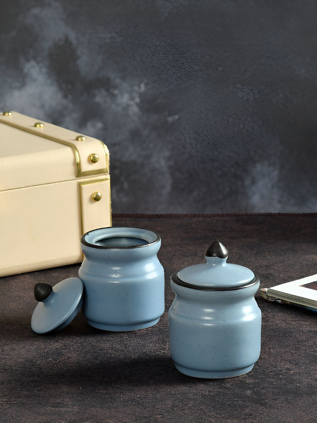 Clio'S Heritage Store Handmade Blue Ceramic Dishwasher Safe 2 Piece Clip-On Jar