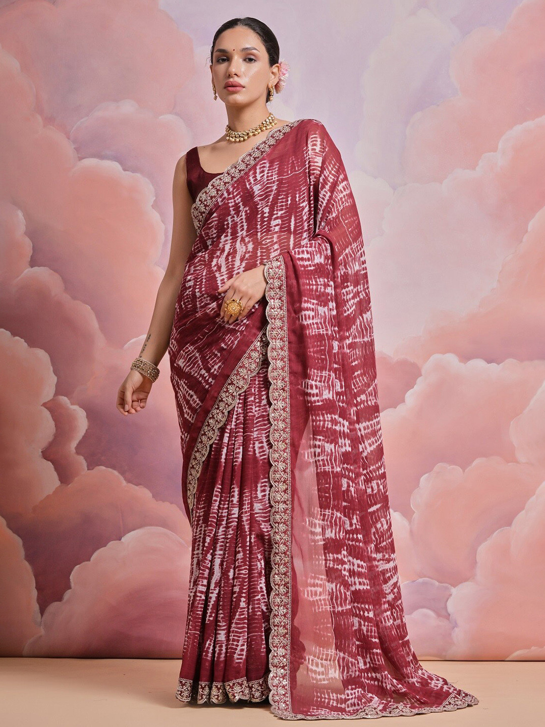 Kalista Maroon Tie & Dye Printed Embroidered Pure Georgette Saree