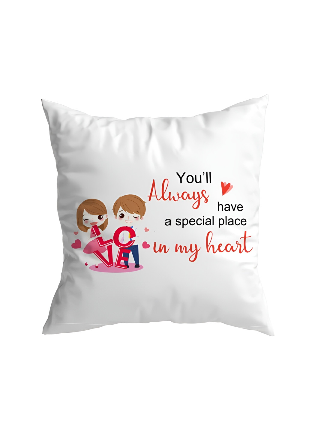 ARTBUG White & Red Printed Square Pre-Filled Cushion With Filler