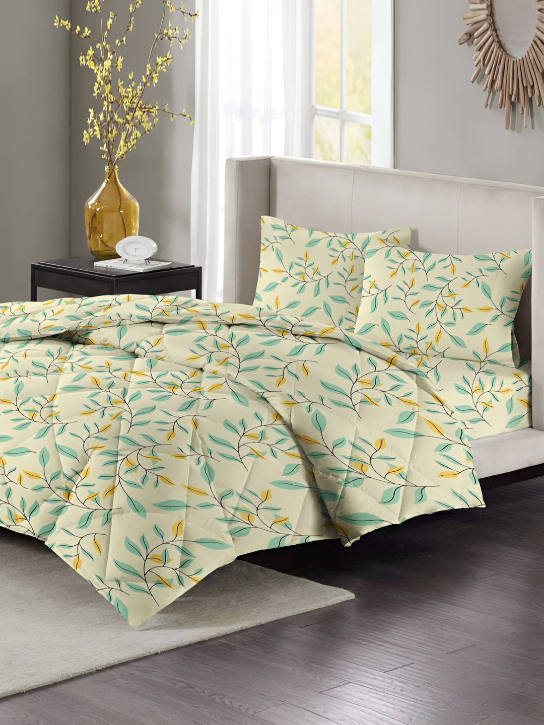 bsb home Yellow & Green Floral Microfiber Double King Superfine Bedding Set