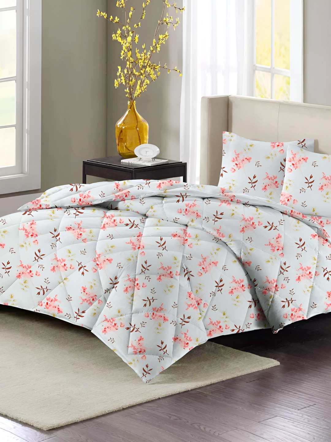bsb home Sea Green & Coffee Brown Floral Microfiber Double King Superfine Bedding Set