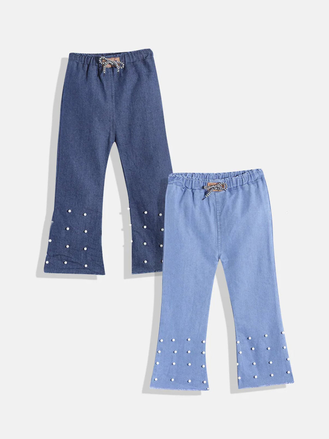 MANZON Pack Of 2 Girls Flared Mid Rise Embellished Cotton Cropped Jeans