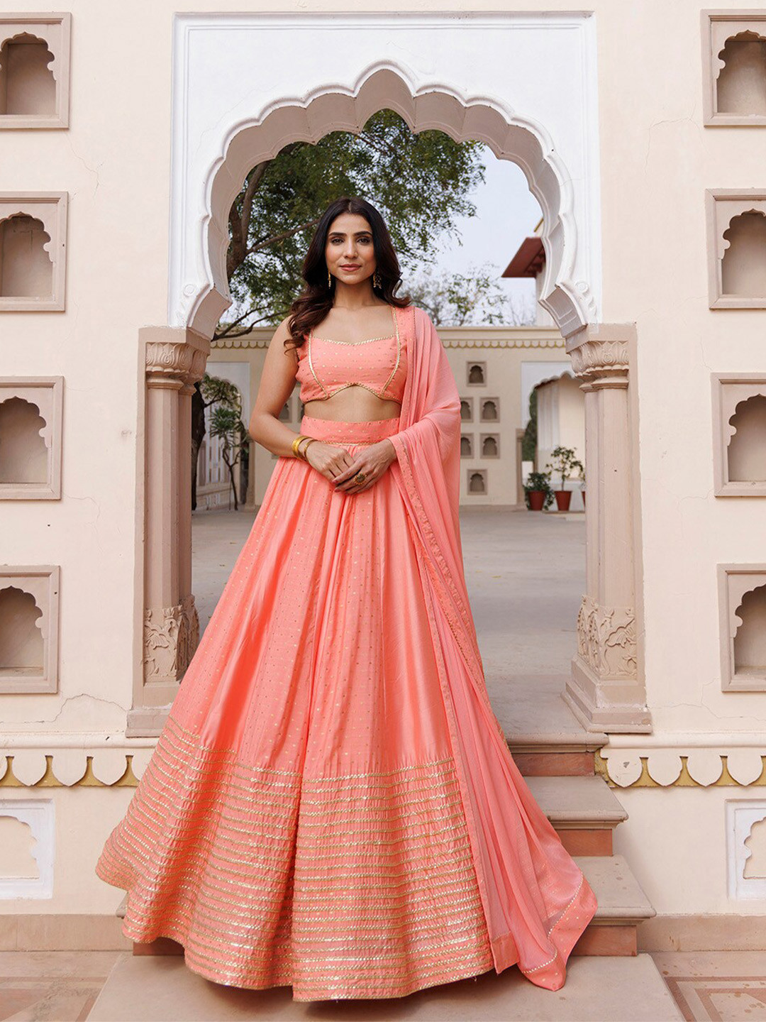Ragavi Geometric Woven Design Gotta Patti Ready to Wear Lehenga & Blouse With Dupatta