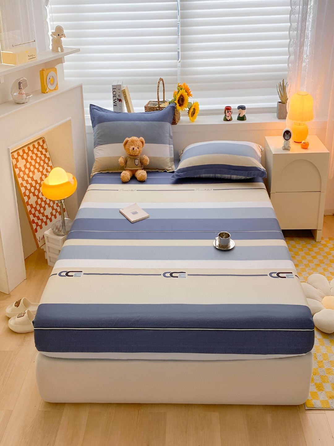 JC HOME Beige Striped Cotton 220 TC Fitted Queen Fine Bedsheet with 2 Pillow Covers-591 x 79 inches