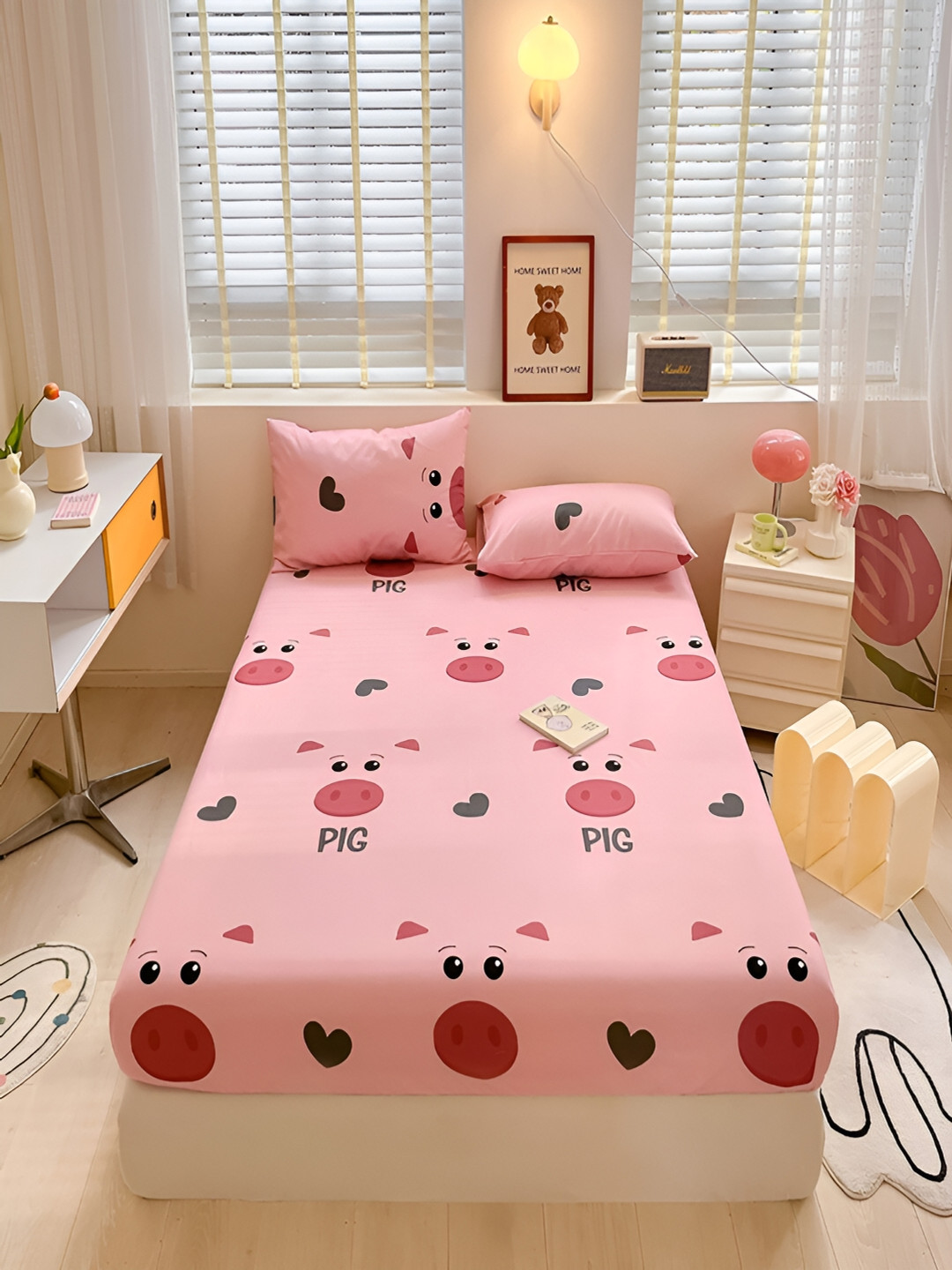 JC HOME Pink Graphic Cotton Skin-Friendly 210 TC Fitted Single Fine Bedsheet with a Pillow Cover-79 x 47 inches