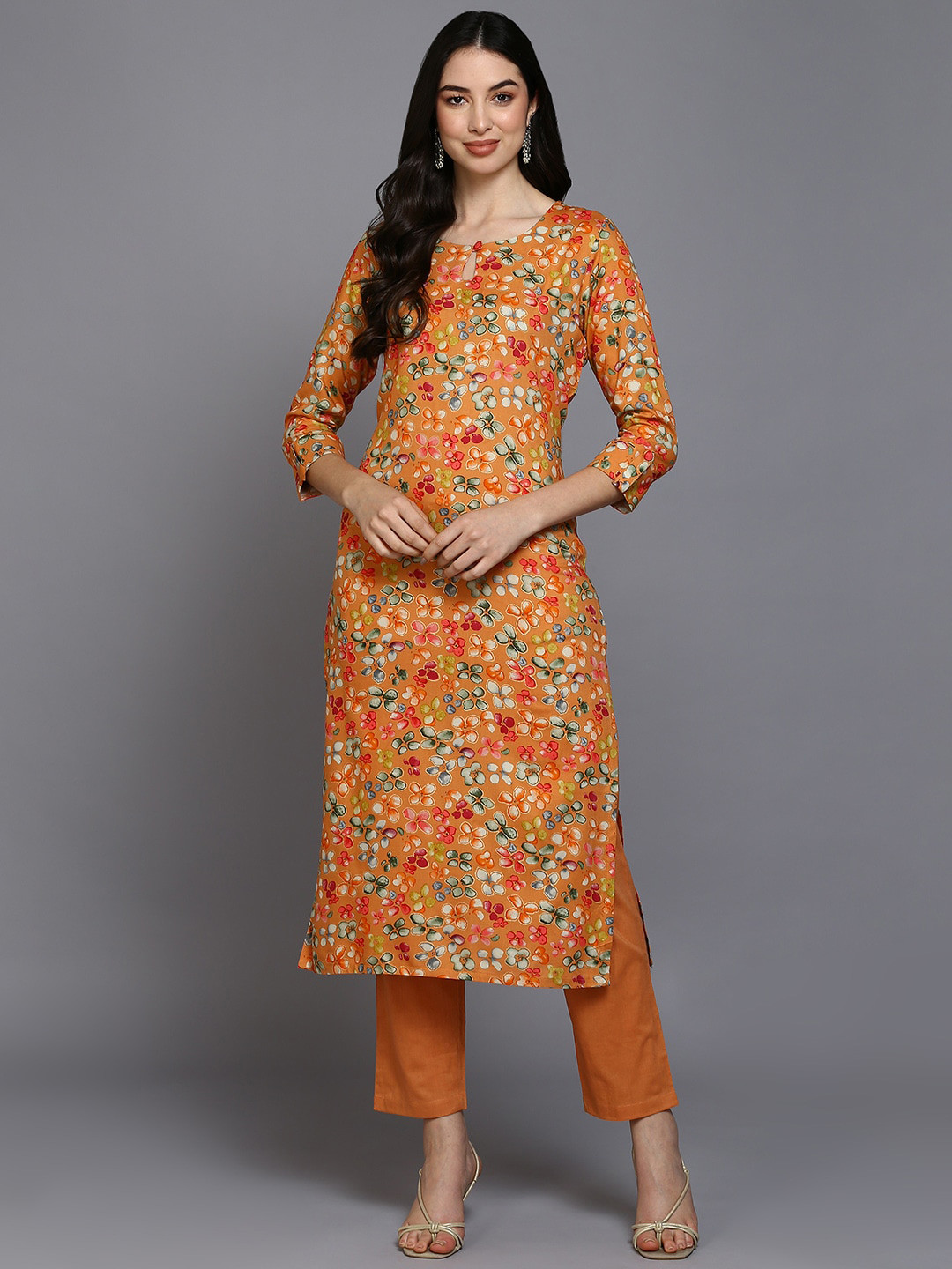 AHIKA Orange-Coloured Floral Printed Keyhole Neck Straight Kurta