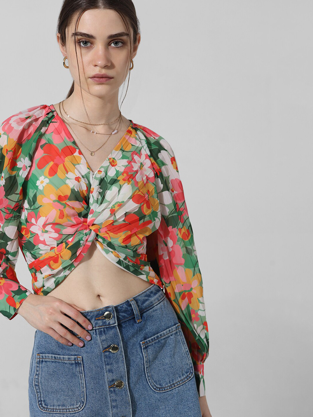 ONLY Floral Printed Long Sleeves Crop Top