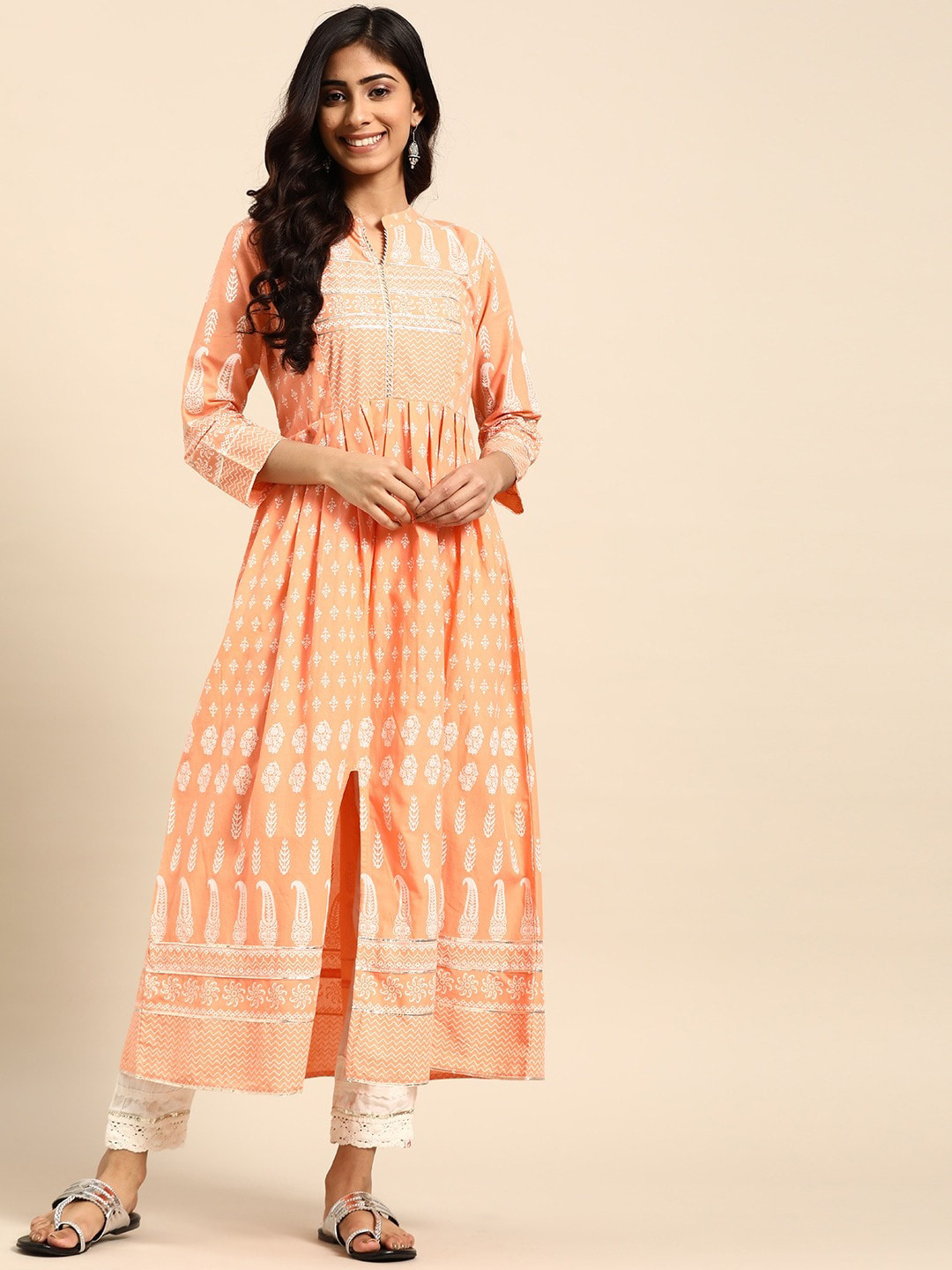 all about you Peach-Coloured Ethnic Motifs Printed Gotta Patti Detail Cotton A-Line Kurta