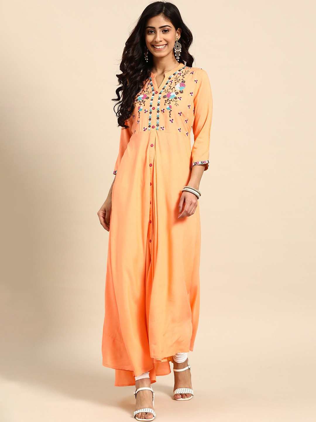 all about you Peach-Coloured Ethnic Motifs Yoke Design Mirror Work Cotton A-Line Kurta