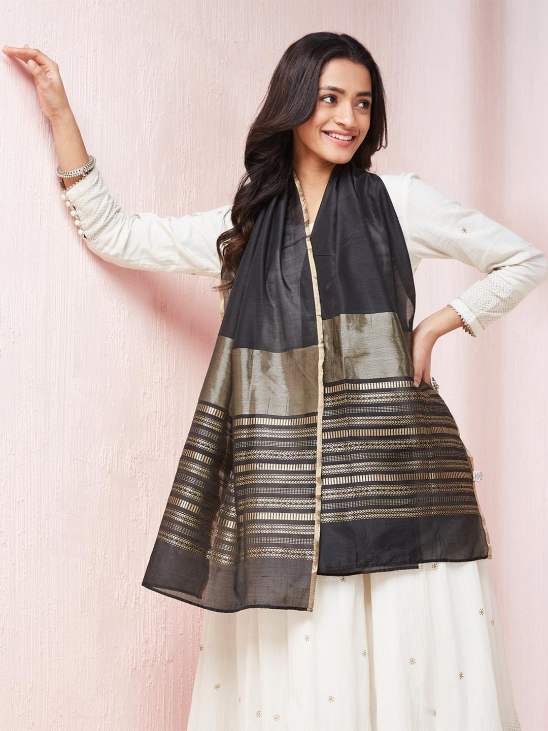 Fabindia Black Cotton Silk Blend Stole