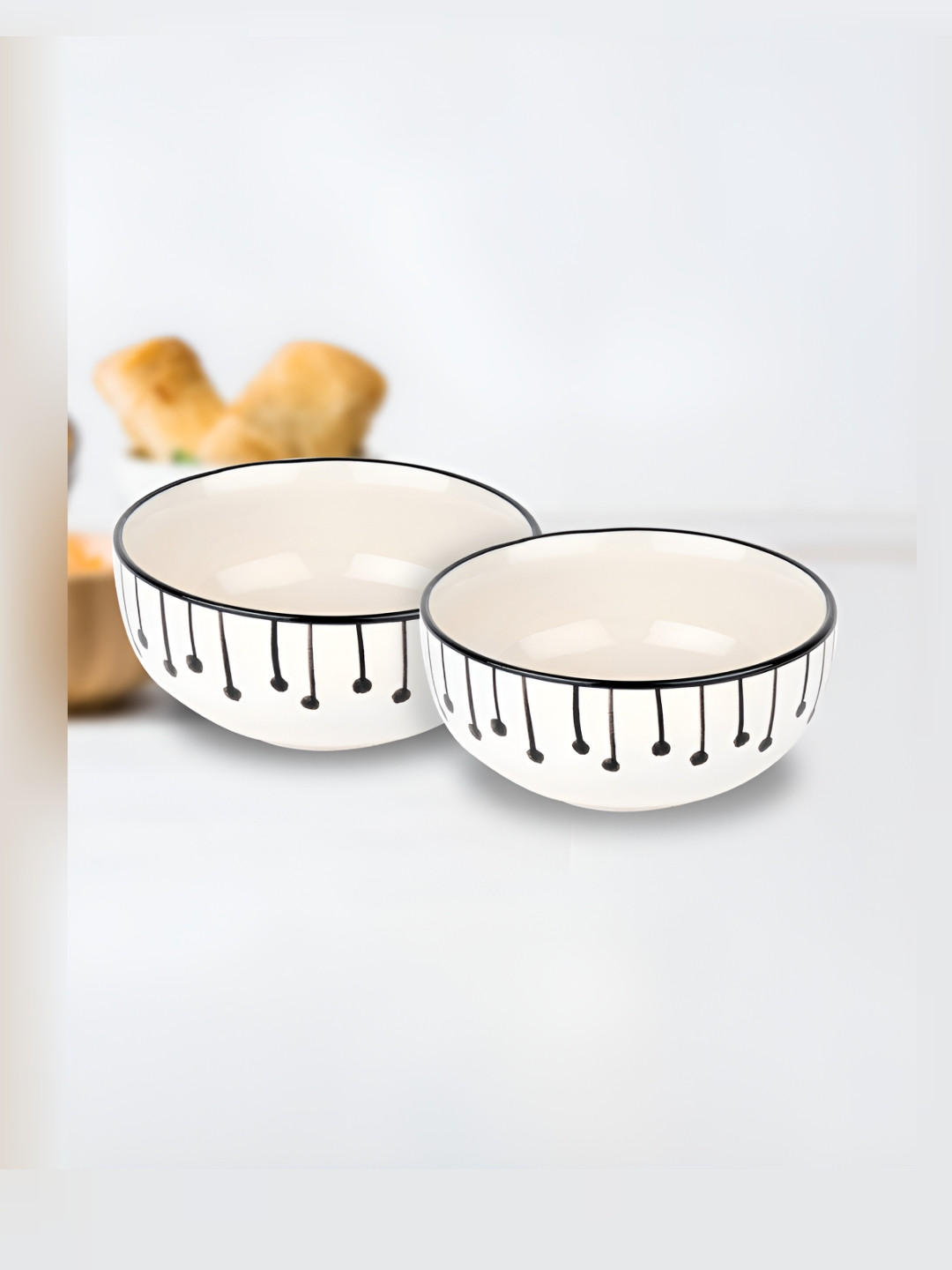 Ekhasa White & Black 2 Pieces Printed Ceramic Glossy Bowls 300 ml Each