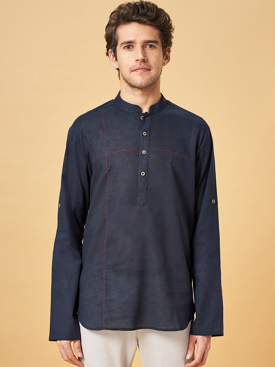 indus route by Pantaloons Mandarin Collar Dobby Weave Short Kurta