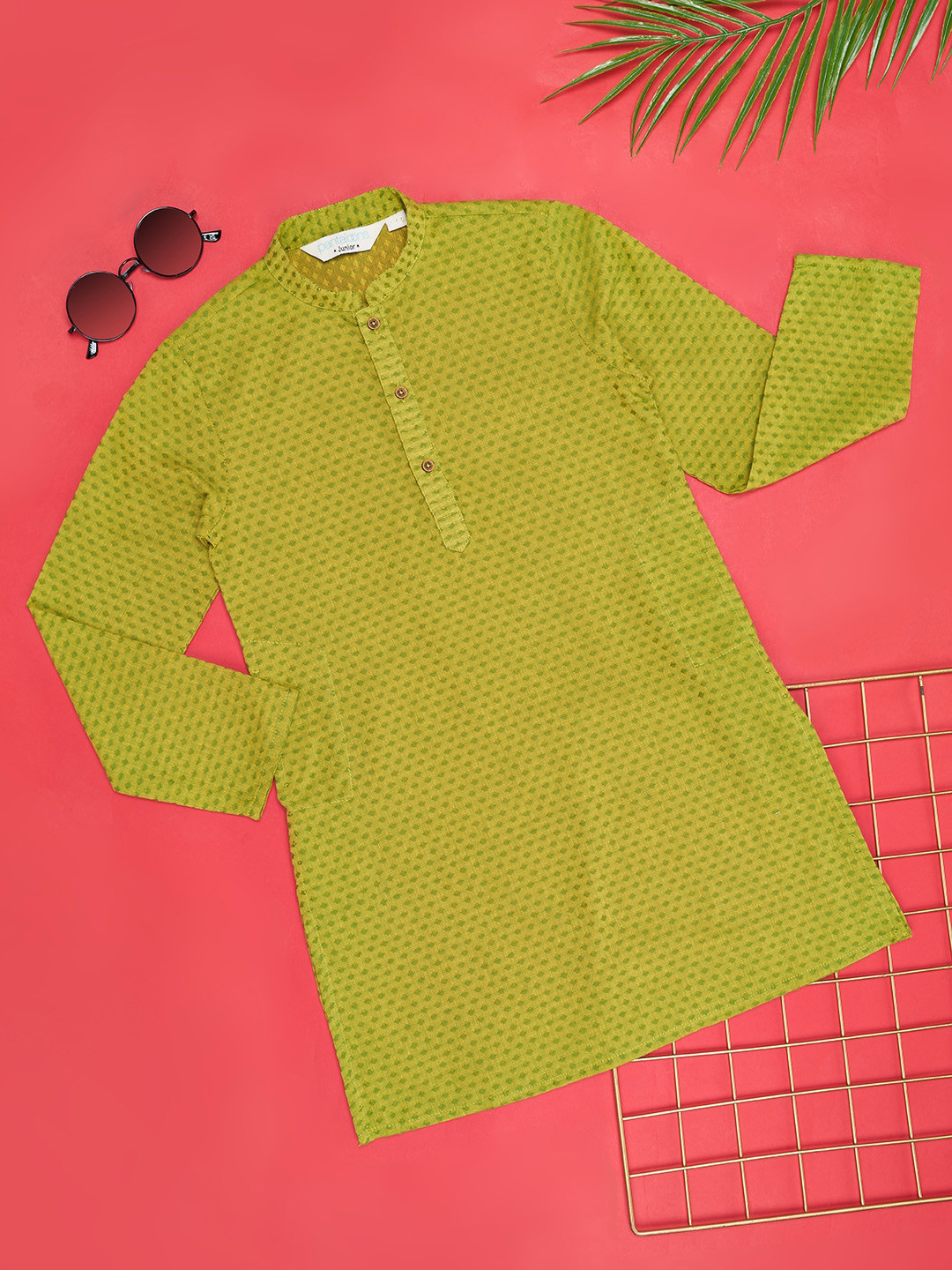 indus route by Pantaloons Boys Geometric Printed Dobby Weave Pure Cotton Straight Kurta