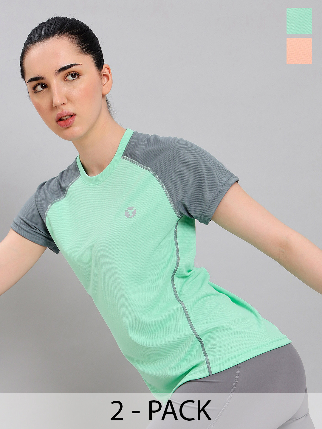 Technosport Pack of 2 Colourblocked Antimicrobial Slim Fit Short Length T-shirts