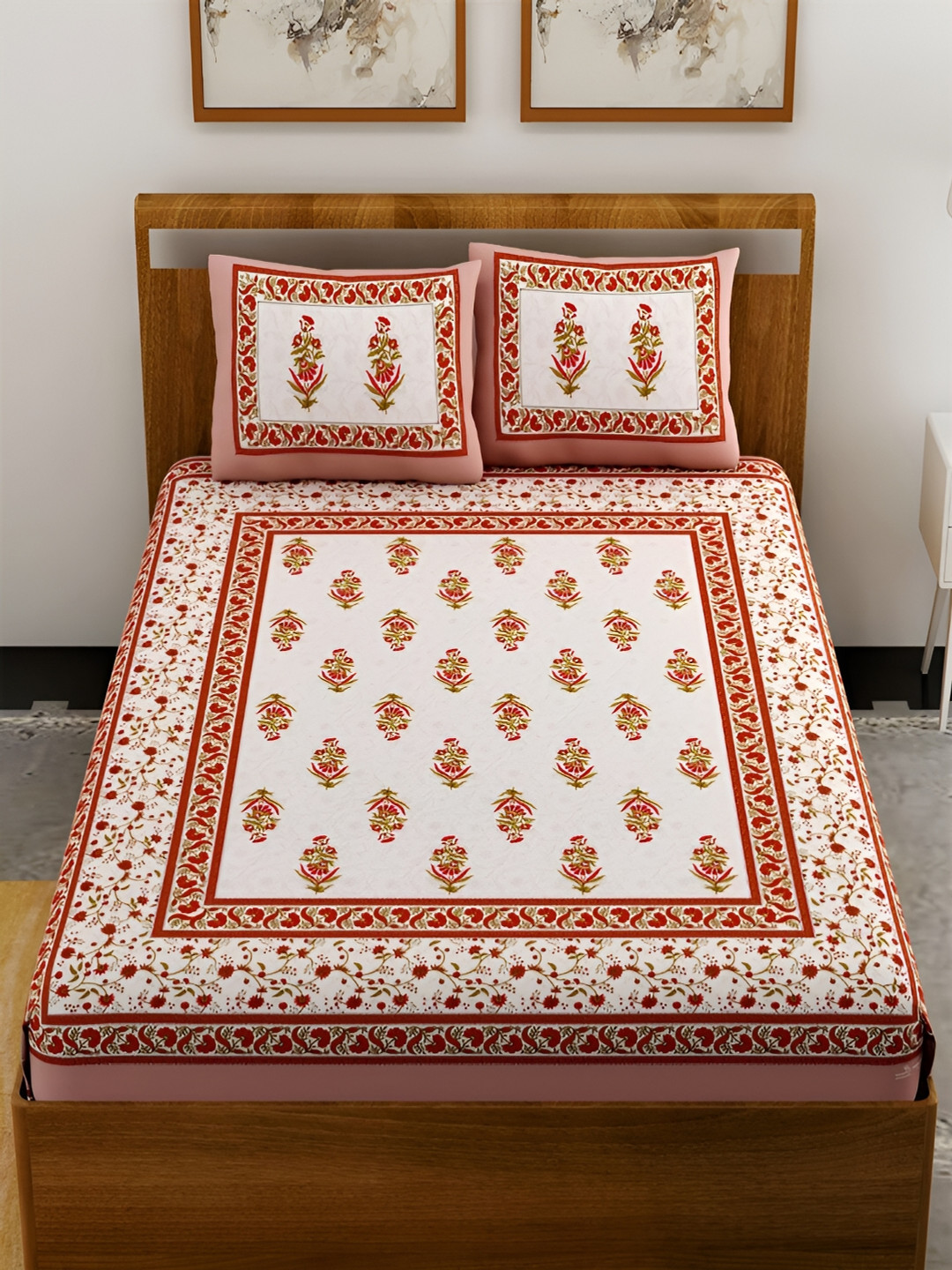 UNIQCHOICE Jaipuri Traditonal Brown Floral Pure Cotton 120 TC Queen Fine Bedsheet with 2 Pillow Covers-93 x 85 inches