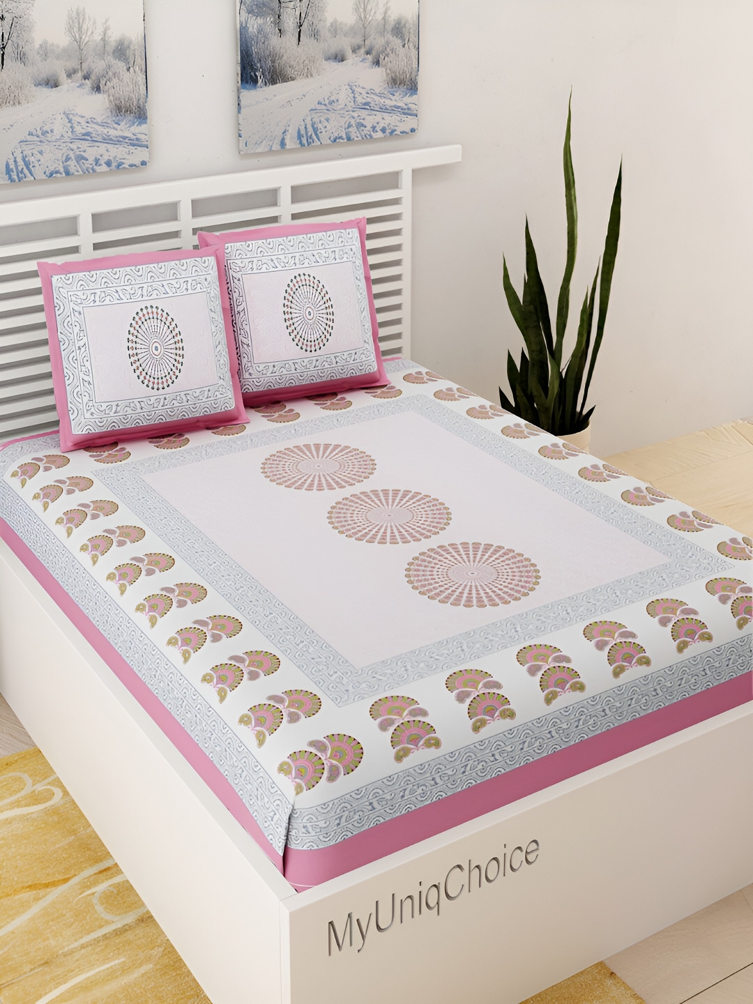 UNIQCHOICE Jaipuri Traditonal Pink Floral Cotton 120 TC Queen Fine Bedsheet with 2 Pillow Covers-94 x 85 inches