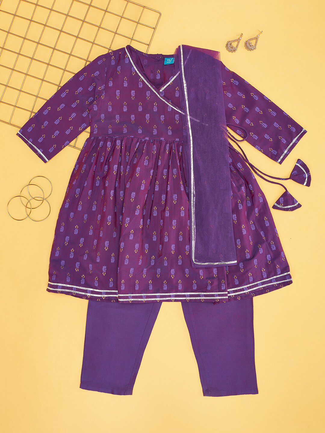 YU by Pantaloons Girls Printed Angrakha Kurta with Trousers & With Dupatta