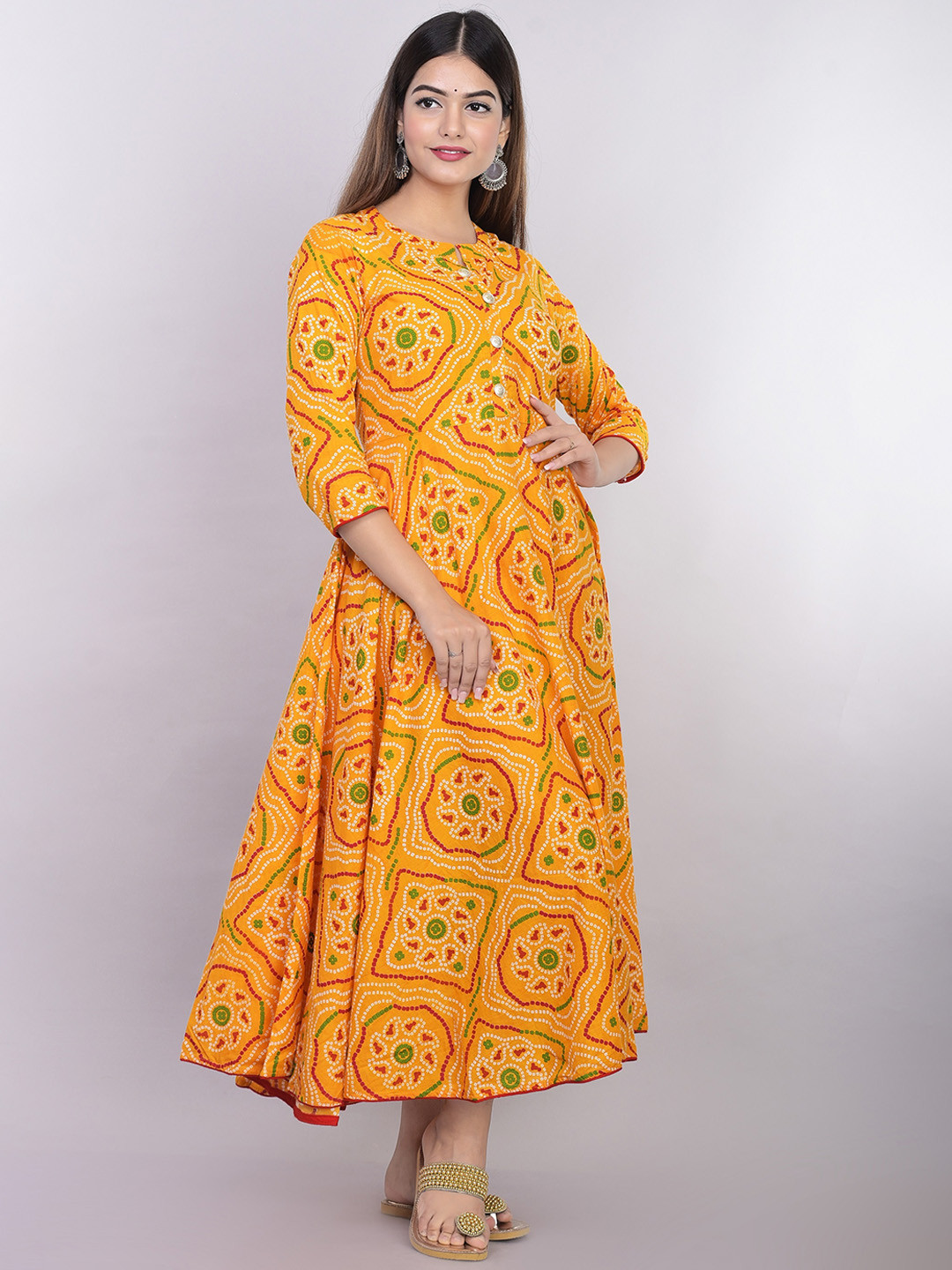 Rubellite Ethnic Motifs Printed Mandarin Collar Fit & Flare Midi Ethnic Dresses