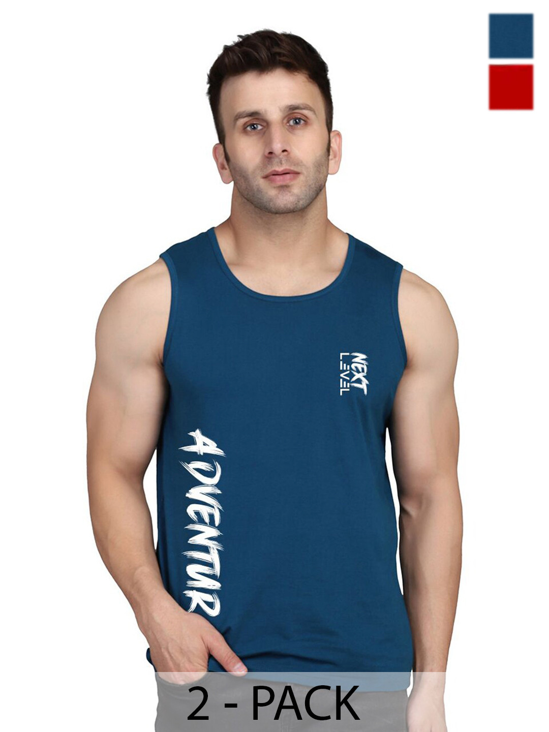 SLOWLORIS Pack Of 2 Sleeveless Bio-Wash Gym Vests SL026 (RED KEEP) (PEACOCK ADV)