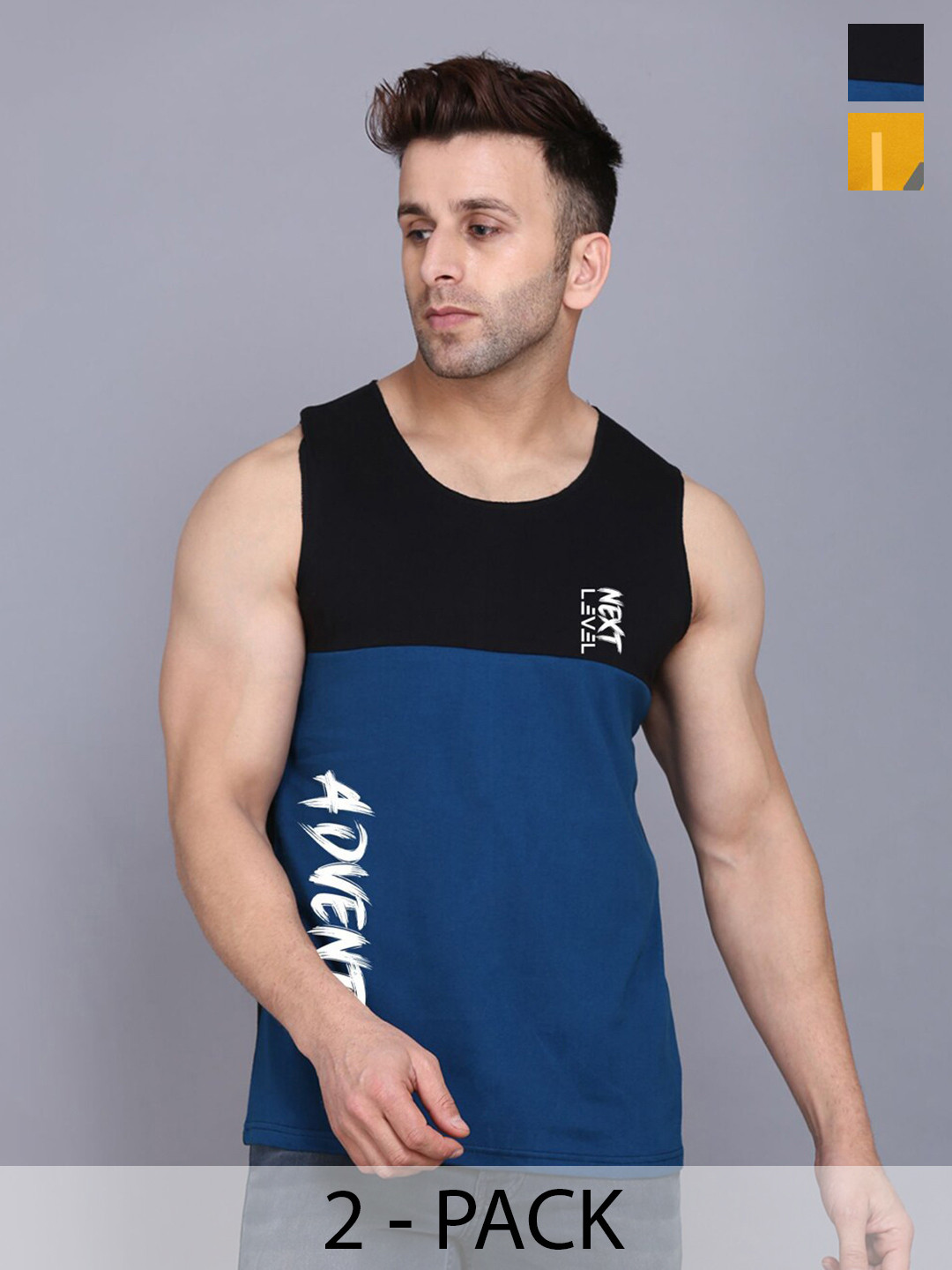 SLOWLORIS Pack Of 2 Sleeveless Bio-Wash Gym Vests SL026 (MUSTARD KEEP) (BLACKPEACOCK ADV)