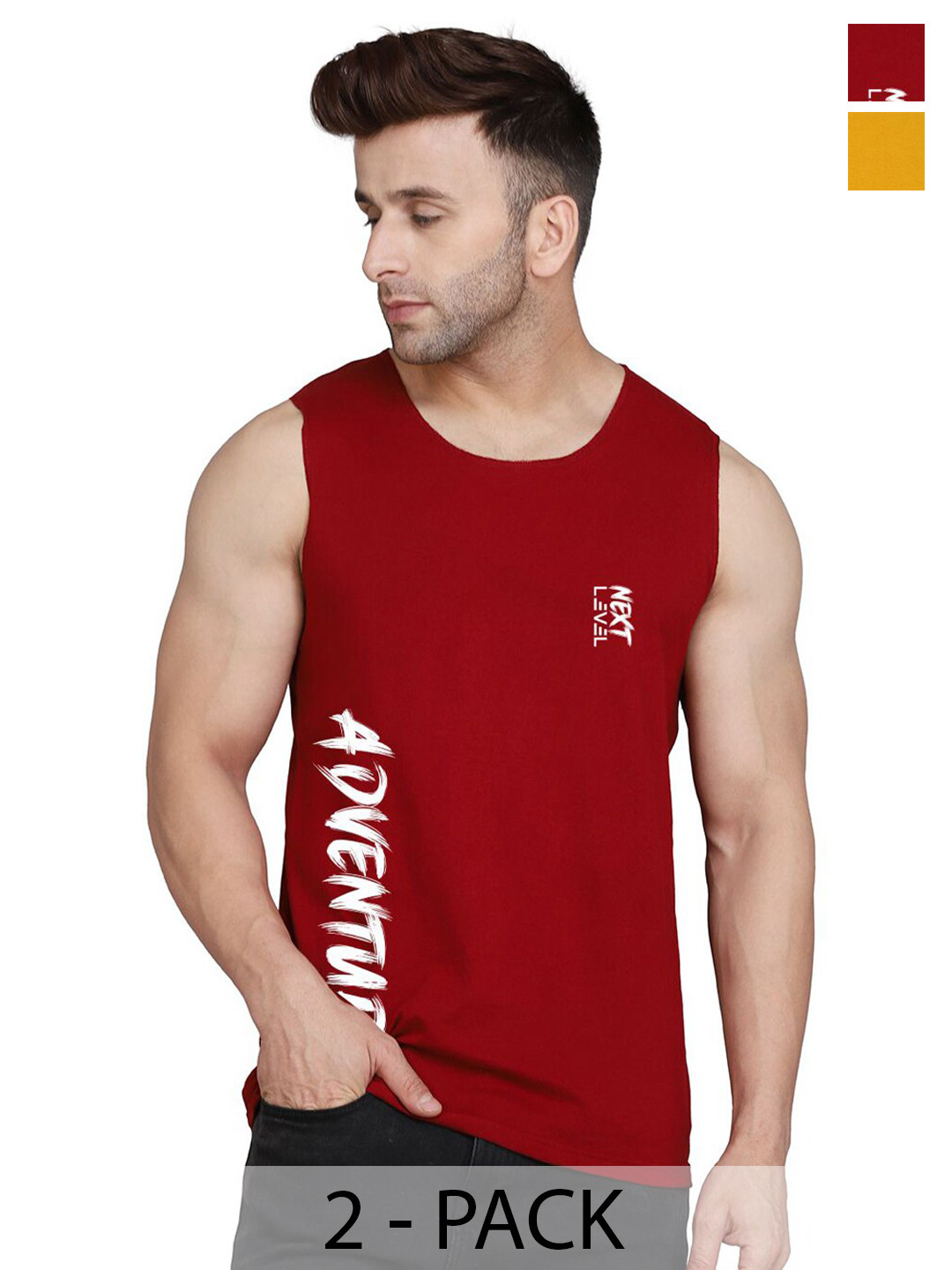 SLOWLORIS Pack Of 2 Typography Printed Round Neck Cotton Bio-Wash Gym Vest