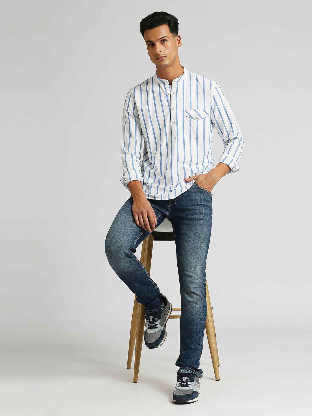 Pepe Jeans Isaac Sr Opaque Striped Mandarin Collar Cotton Casual Shirt