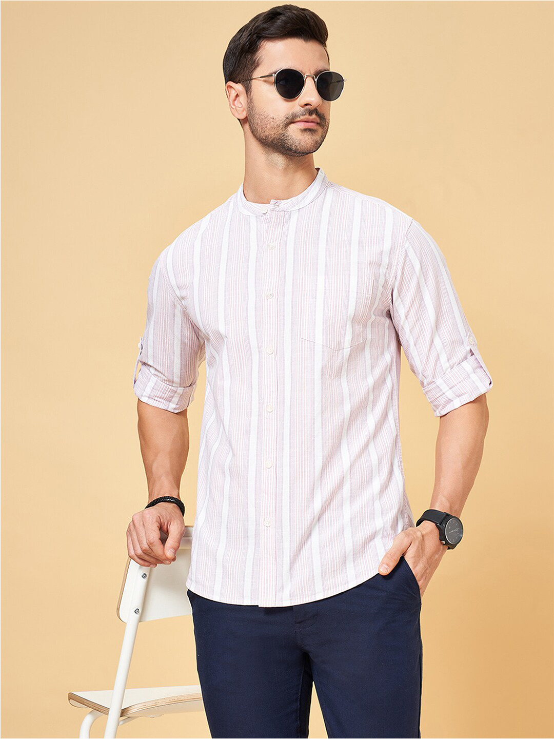 BYFORD by Pantaloons Striped Cotton Mandarin Collar Roll-Up Sleeves Slim Fit Casual Shirt