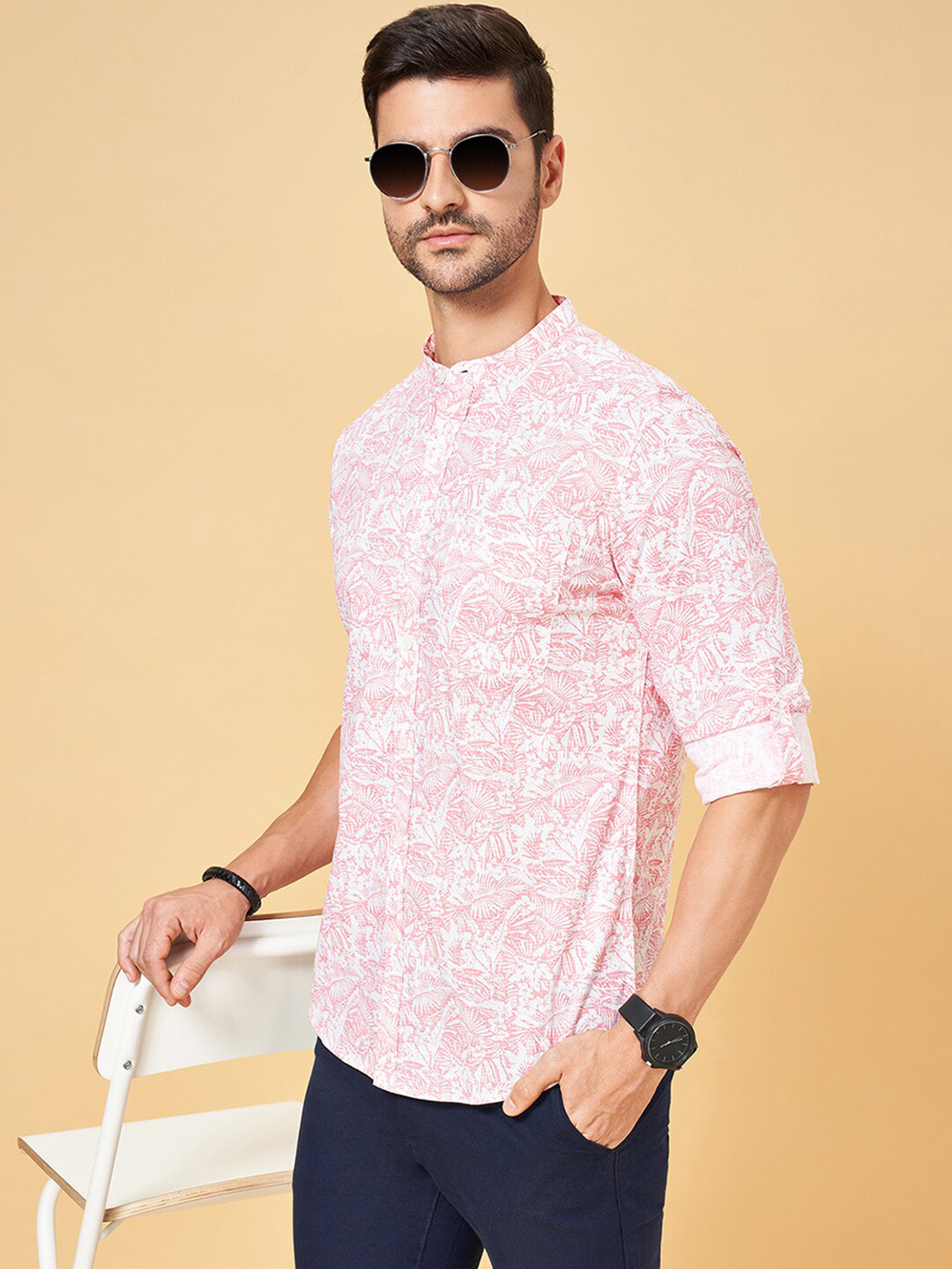 BYFORD by Pantaloons Slim Fit Floral Printed Mandarin Collar Cotton Casual Shirt