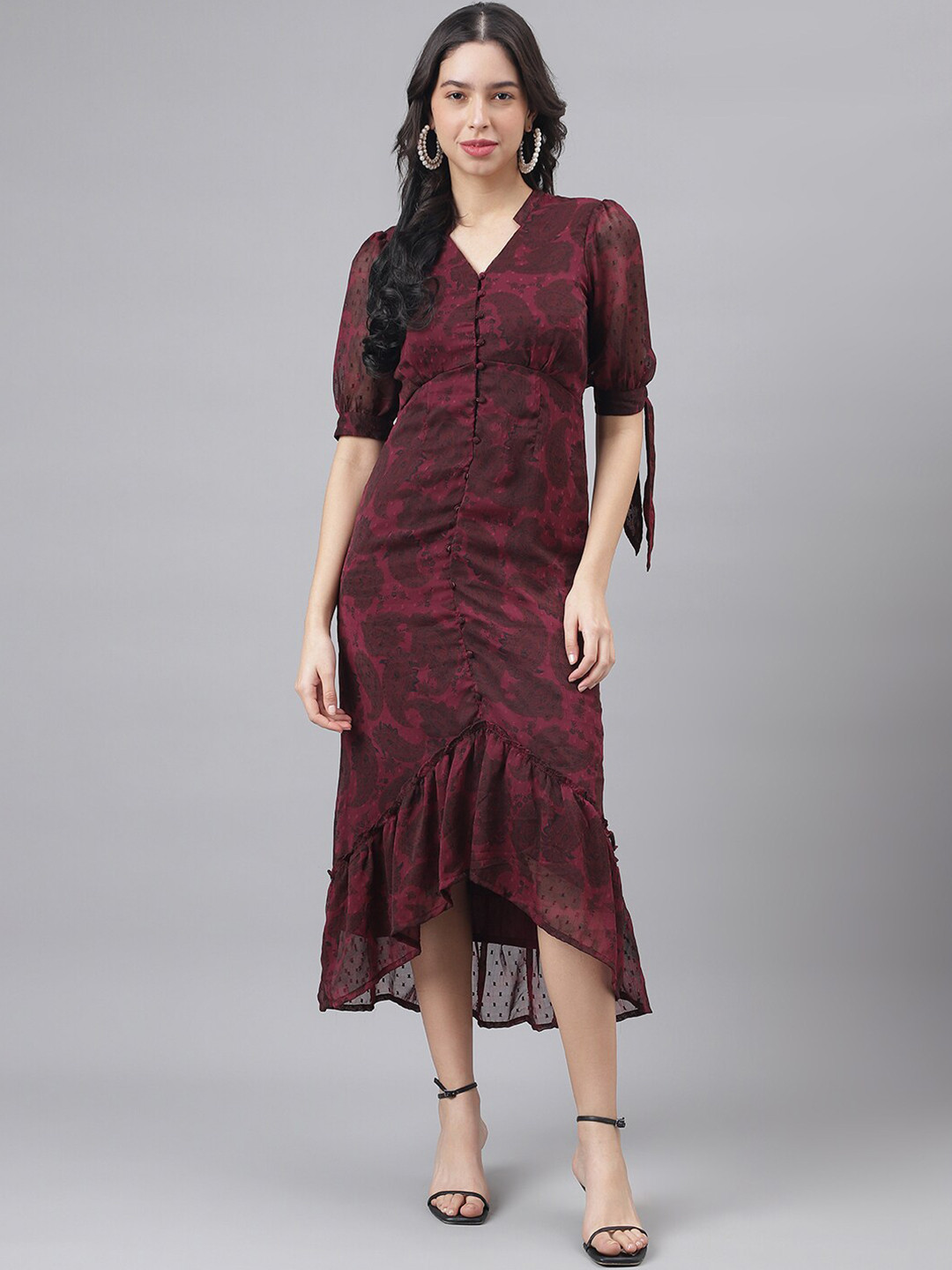 Latin Quarters Ethnic Motifs Printed Puff Sleeve Ruched A-Line Midi Dress