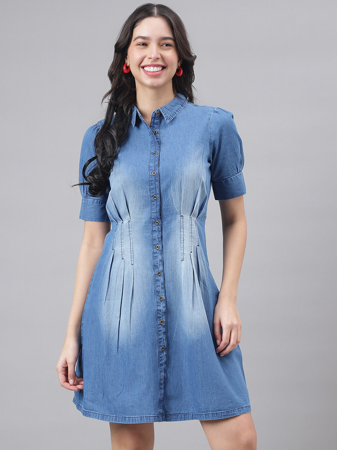 Latin Quarters Puff Sleeves Pleated Denim Shirt Dress