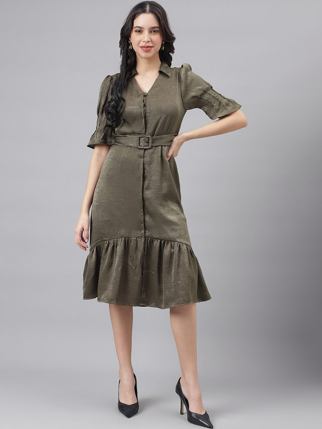 Latin Quarters Puff Sleeves Belted Satin Shirt Midi Dress