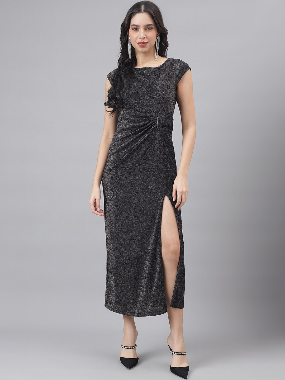 Latin Quarters Embellished Cap Sleeves Pleated Slit Midi Dress