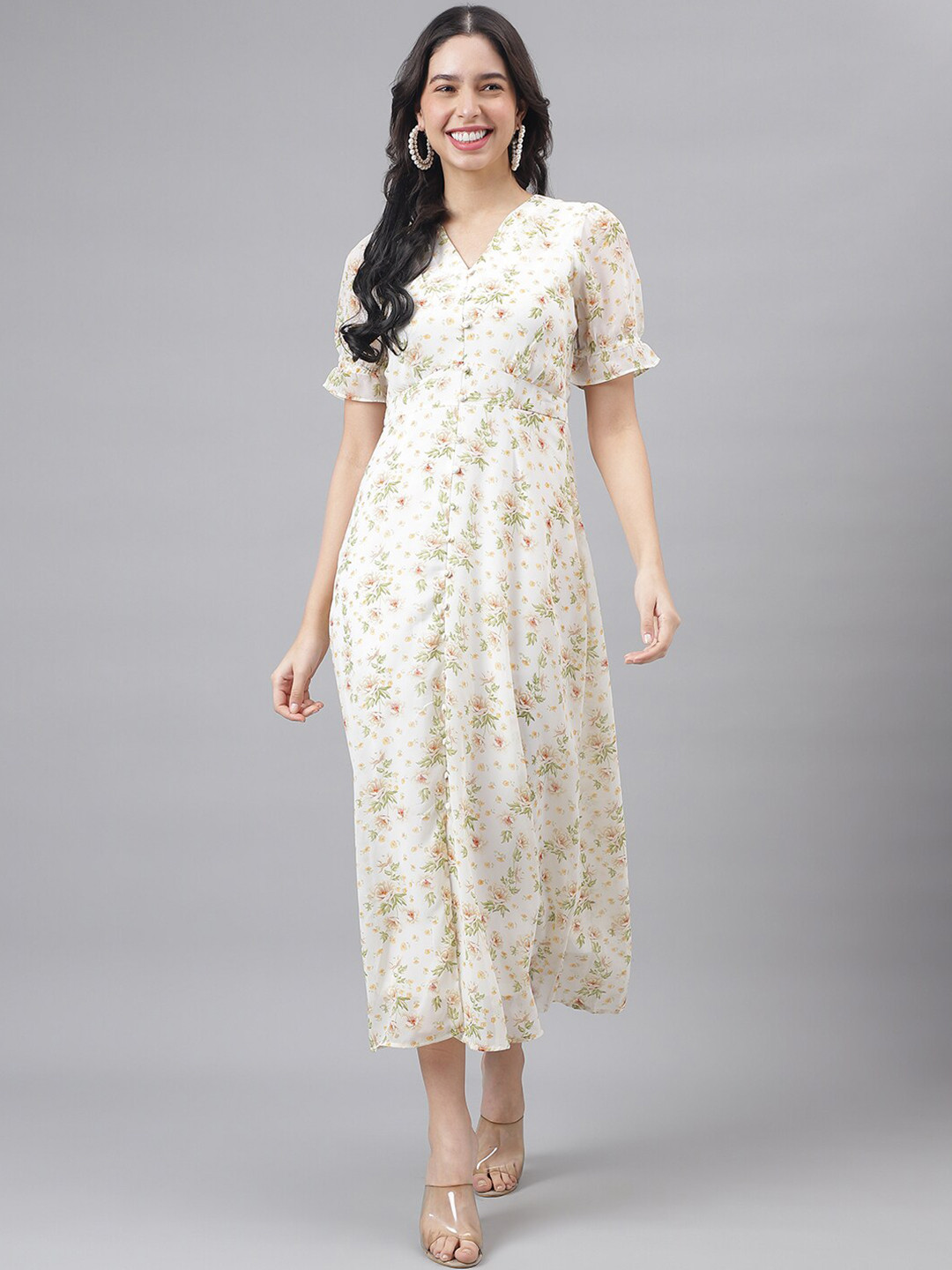 Latin Quarters Floral Printed Georgette A-Line Midi Dress