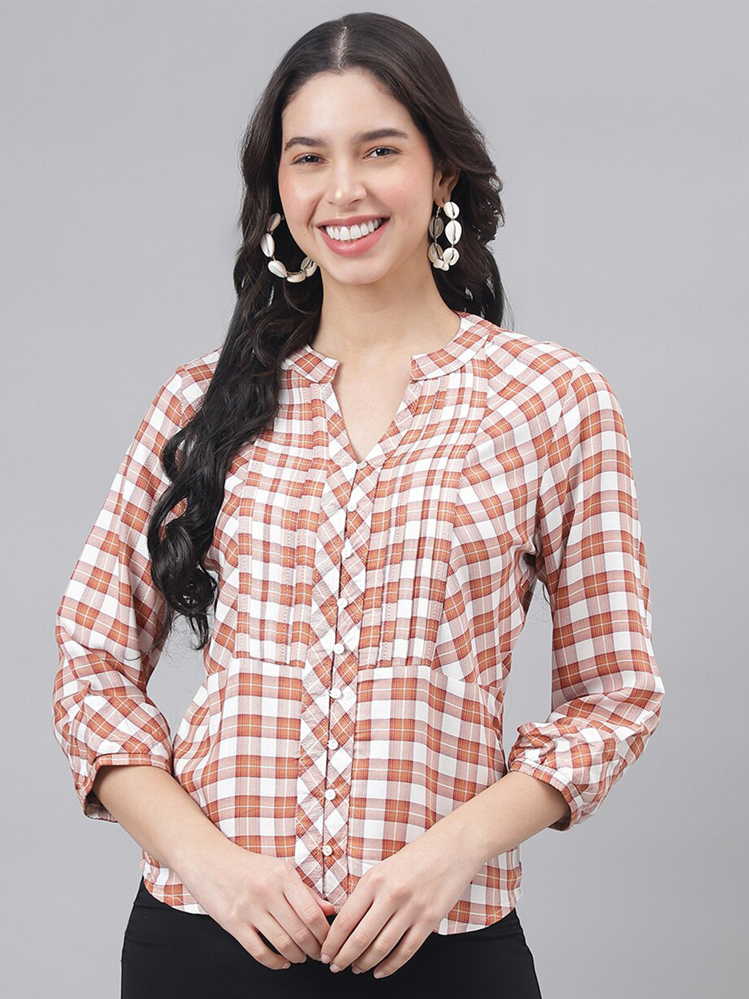 Latin Quarters Checked Mandarin Collar Shirt Style Top